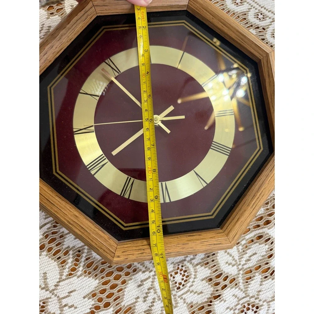 Vintage Octagonal Oak Wood Wall Clock Burgundy Gold Roman Numeral Quartz 11.5in